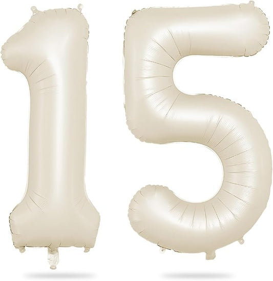 Biapian 40 Inch Cream Number 15 Balloon, 15th Birthday Balloons, Big Digital 15 or 51 Beige White Giant 15 Foil Balloon Helium for 51st 15th Birthday Decorations Anniversary Baby Shower Party Supplies
