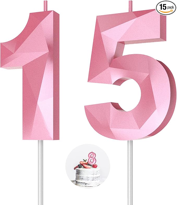 Number Birthday Candles(15 Candle Pink) 3D Diamond Shape 15th Happy Birthday Cake Topper Decorations for Girl Women Birthday Wedding Anniversary Celebration Theme Party Supplies