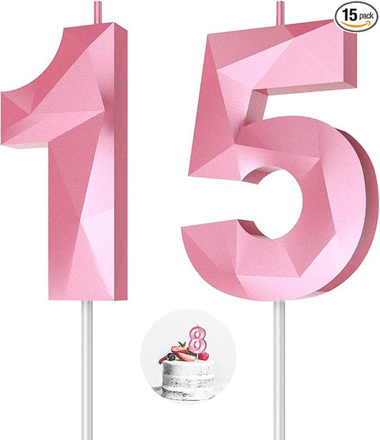 Number Birthday Candles(15 Candle Pink) 3D Diamond Shape 15th Happy Birthday Cake Topper Decorations for Girl Women Birthday Wedding Anniversary Celebration Theme Party Supplies