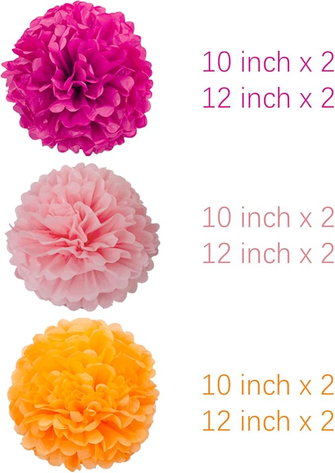 Hot Pink Orange and Pink Tissue Pom Poms Paper Kit DIY Decorative Flowers Ball for Birthday Party Wedding Hanging Decorations Pack of 12 10in12in