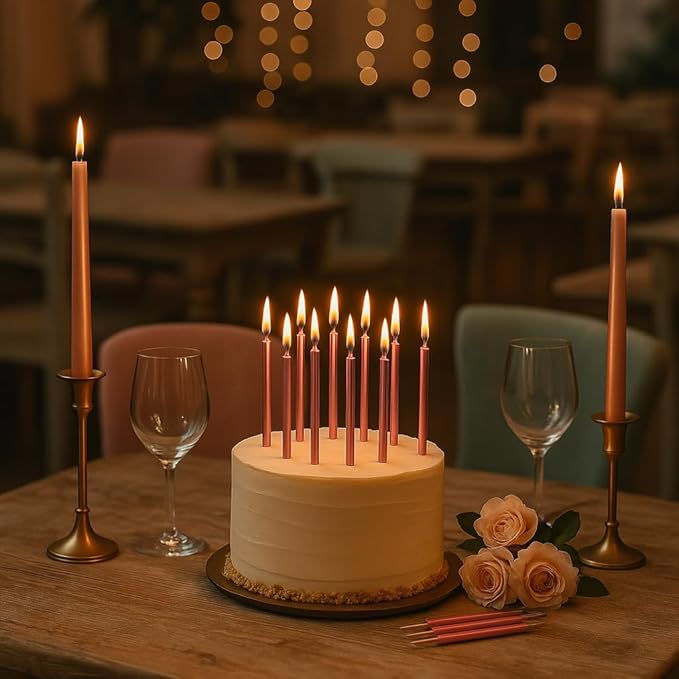 by Tugba Aydan - Pink Birthday Candles, 24 Pack, Long Thin Metallic Cake Candles with Holders, Elegant Pink Candles for Cakes, Cupcakes & Parties