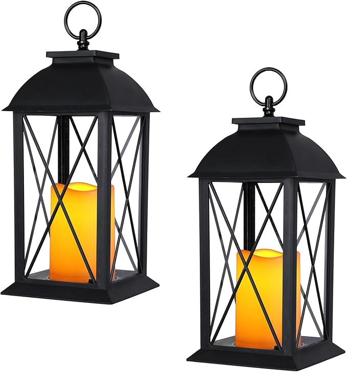 Bdor 2 Pack 13-Inch Black Decorative Lantern with LED Candle (6hr Timer) - IP65 Waterproof Battery Powered - Outdoor Patio Hanging Lanterns Decorative Tabletop Lanterns