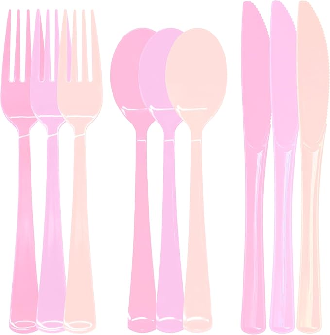 180 PCS Pink Plastic Silverware, Pink Plastic Cutlery Set Disposable 60 Forks, 60 Knives, 60 Spoons for Birthday, Valentine's Day, Baby Shower, Bridal Shower
