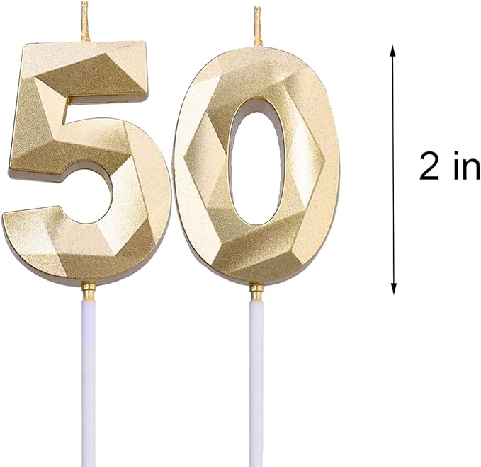 2 inch Gold 50 Birthday Candles, 3D Diamond Number 50 Cake Topper for Men Women Birthday Party Decorations Theme Party