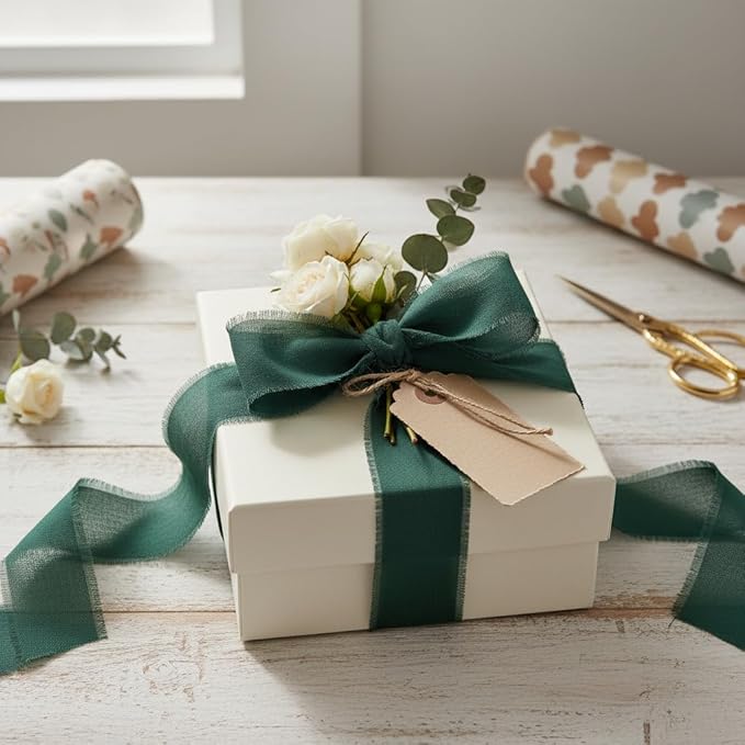 Handmade Chiffon Ribbon 1.5 Inch Wide, 3 Rolls 21 Yards, Dark Green Frayed Edge Fabric Ribbon for Botanical Wedding Decor, Floral Design & Gift Styling(Dark Green)