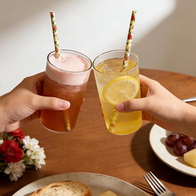 100 pcs Yellow With Red Rose Flower Paper Straws, Wild Floral Juice Beverage Party Drinking Straws, Vintage Retro Garden Tea Wedding Spring Summer Valentine Decor Cake Pop Sticks (Flower H003)