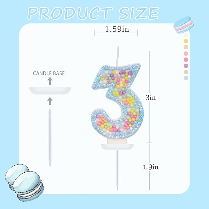 Birthday Candles - Number 3 Candle, Colorful Macaron Candles for Boys/Girls, Blue Cake Decorations, Theme Party Supplies