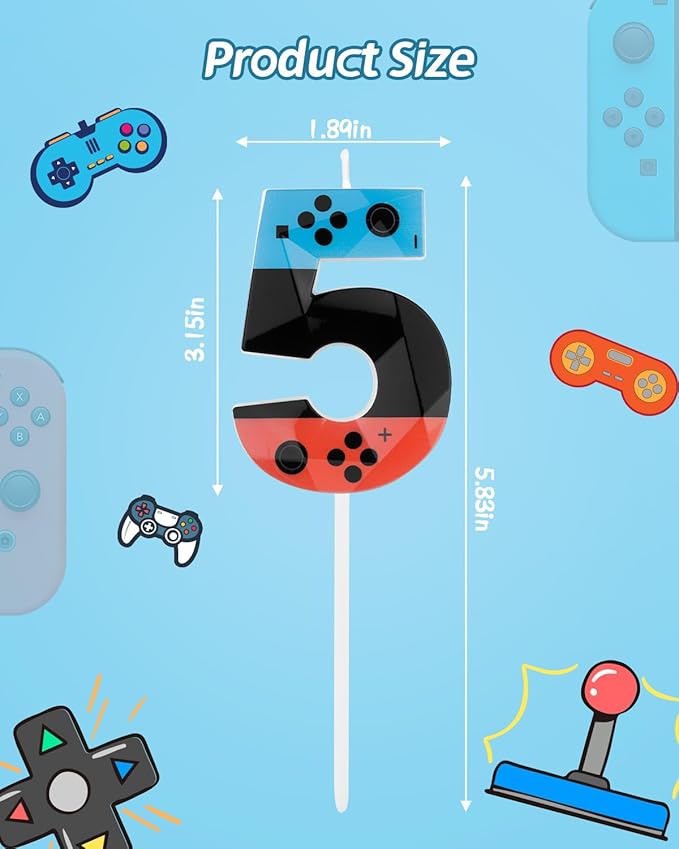 Number 5 Level Birthday Candles, 2.68 inch Gamer Candles, Red Blue Birthday Candles, Game Controller Gamepad Candles,Video Game Controller Themed Kids Boy Girl Party Supplies