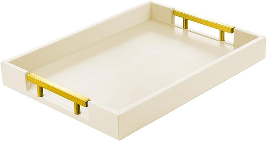 ATZYmolin Leather Serving Tray with Gold Polished Metal Handles, Home Decorative Wooden Rectangle Ottoman Decor Platter Bathroom Vanity Tray for All Occasions Cream
