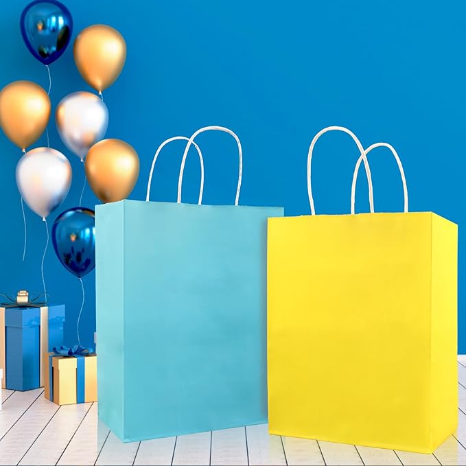 Mstar Pack 16Pcs Medium Kraft Paper Gift Bags with 8-Color Tissues, 8.26"×10.6"×4.3" Bulk Party Favor Bags with Handles - Fits Candies, Toys, Small Gifts for Kids Birthday, Baby Shower, Wedding, DIY Crafts
