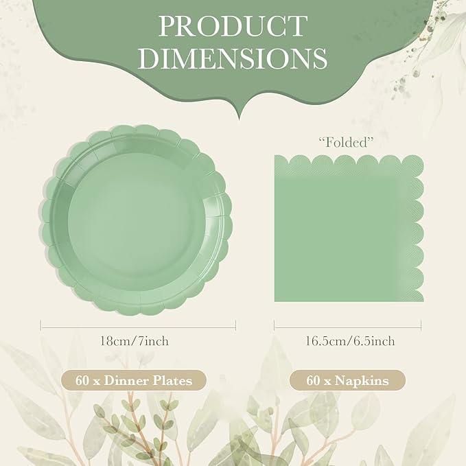 120 Pcs Sage Green Paper Plates and Napkins Party Supplies Bulk Disposable 7 Inch Scalloped Plates Cocktail Napkins for Wedding Bridal Baby Shower Birthday Decorations, Serve 60 Guests
