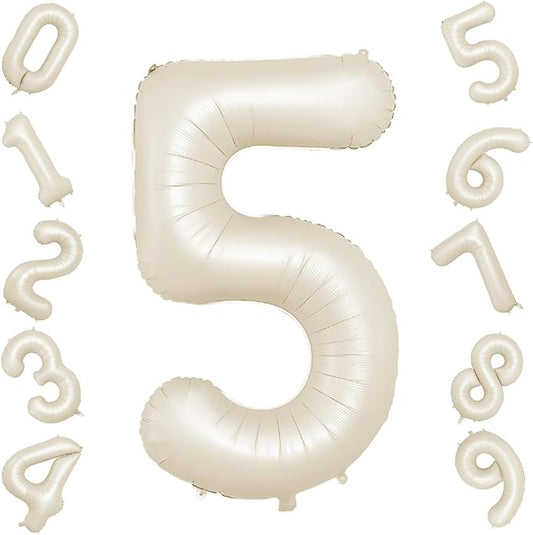 40 Inch Cream Number 5 Balloon, Beige Large 5th Birthday Balloons, Digital 5 Cream White Giant 5 Foil Balloon Helium for Boys Girls 5th Birthday Decorations Anniversary Baby Shower Party Supplies