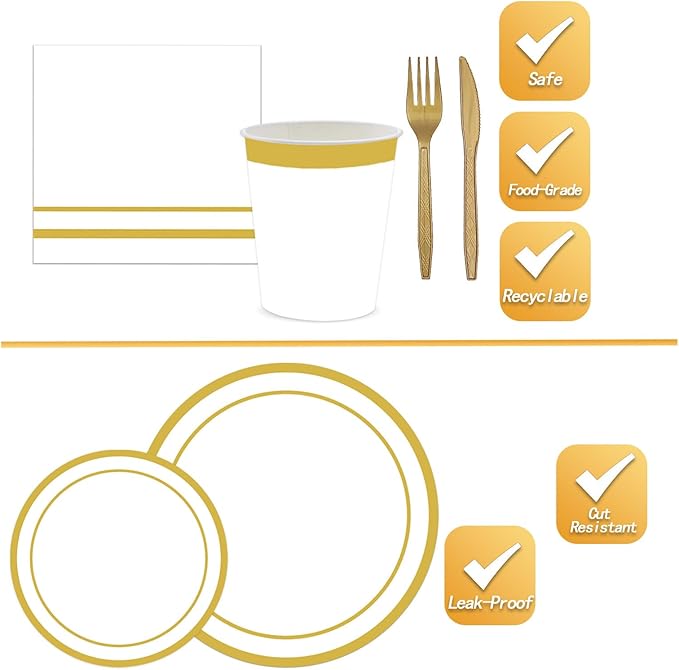 144PCS White and Gold Plates and Napkins Party Supplies Gold Disposable Dinnerware Set Include Golden Paper Dinner Dessert Plates Napkins Cups Cutlery for Birthday Wedding Bridal Shower Decor Serve 24