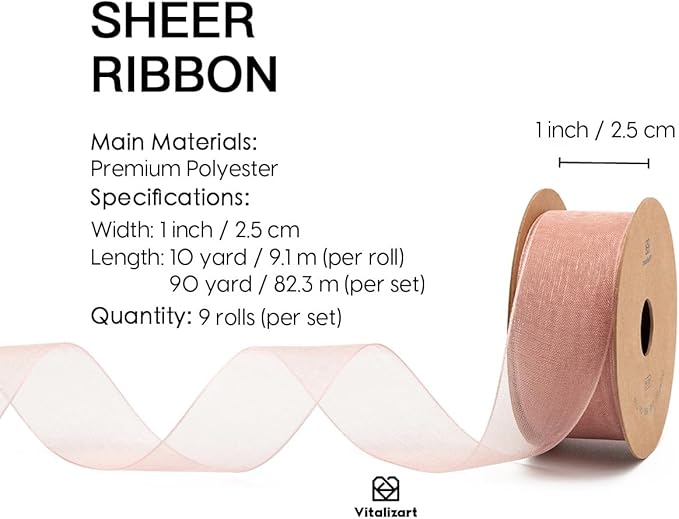 Vitalizart 1" x 90Yd Organza Ribbon Mixed Color Sheer Ribbons Set 10 Yd x 9 Rolls Handmade for Gift Wrapping Christmas Tree Crafts Bows Wedding Invitations Wreaths Wrap