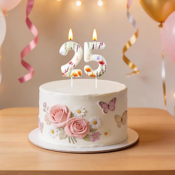 Number 5 Birthday Candle for Cake – Floral Botanical Design with Butterfly Detail – Elegant Cake Topper for Birthday, Garden Party Decoration