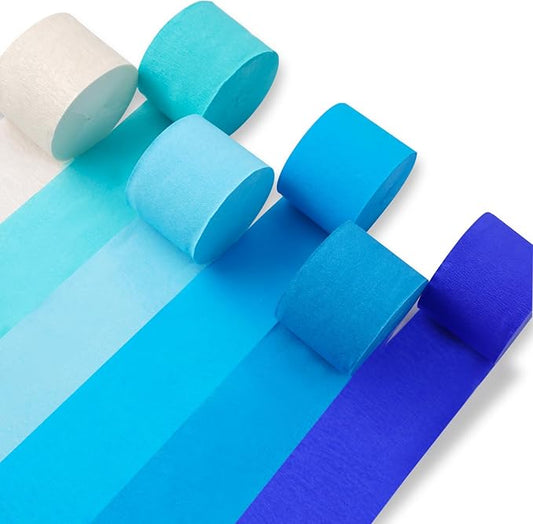 PartyWoo Blue and White Crepe Paper Streamers 6pcs 492ft Pack of Light Sky Blue Green Pearl White Crepe Paper Streamers for Birthday Gender Reveal Baby Shower Pool Under The Sea Party Decorations