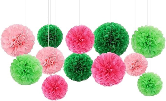 Capesaro Pink and Green 12PCS Paper Pom Poms Party Decorations for Girl Birthday Party Summer Decoration, Hanging Paper Decor Tissue Paper Flowers