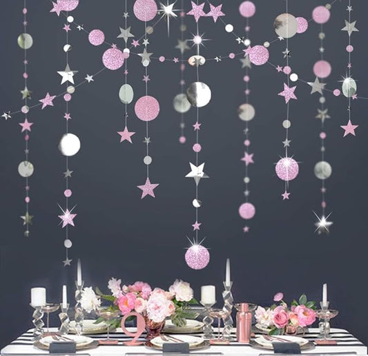 Decor365 Silver Pink Star Garland Decorations Twinkle Little Star Birthday Baby Shower Graduation Party Decor Banner Moon Stars Starry Night Galaxy Planet Celestial Theme Backdrop
