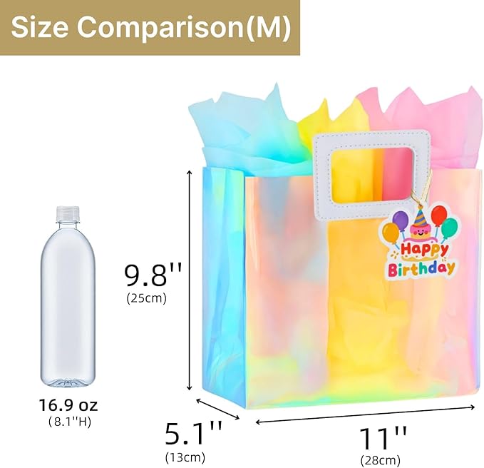 VUOJUR 11'' Medium Birthday Gift Bag with Tissue Paper and Happy Birthday Gift Tag for Girl Colorful
