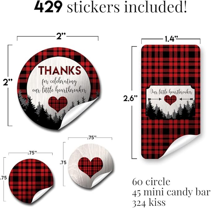 Amanda Creation Our Little Heartbreaker Red Black Buffalo Plaid Birthday Valentine Party Sticker Bundle 429 Pieces! Includes Circle Stickers, Mini Candy Bar Wrappers & Candy Kiss Stickers