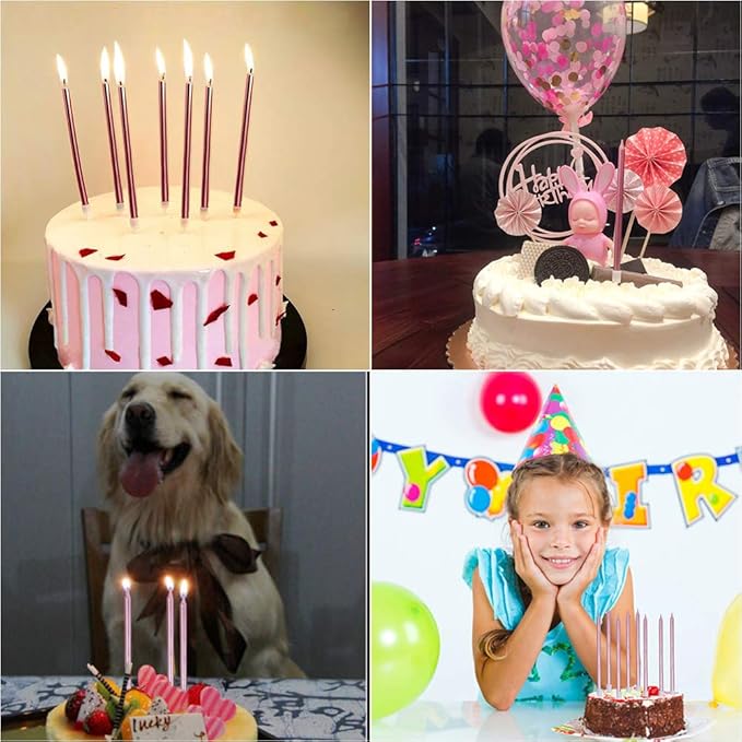 12 Count Long Thin Champagne Pink Birthday Cake Candles in Holders for Birthday Wedding Party Cupcake Decorations Tall Candles
