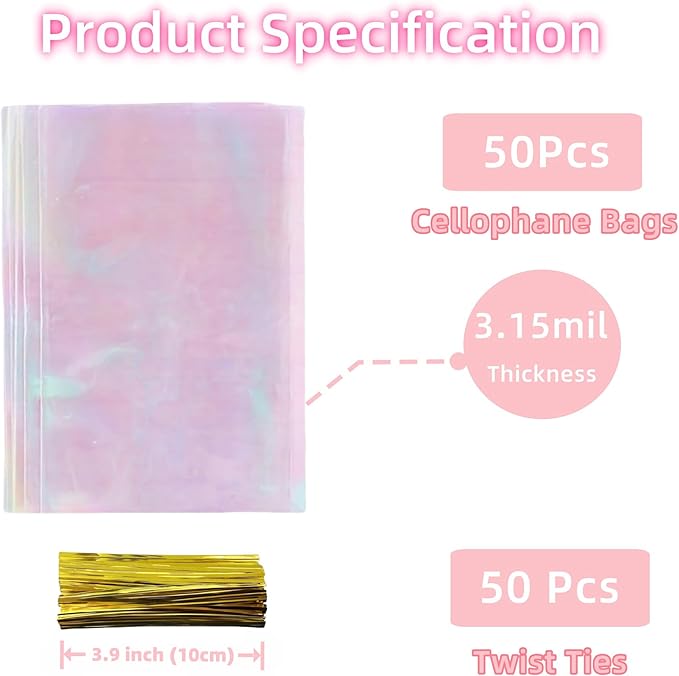 50 Pack 3.9x10 inch Small Cellophane Treat Bags with Twist Ties Plastic Pet Birthday Party Favor Supplies for Dog Cat Treats Candy Small Gifts DIY Craft Food Storage Packaging