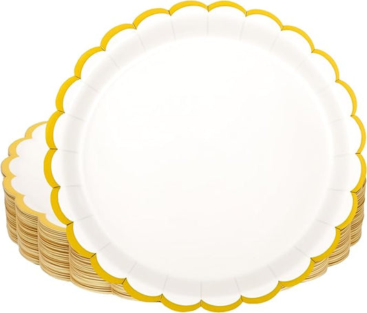 AimFun White Scalloped Party Plates Gold Foil Border Paper Plates Disposable 9inch Serving Plates for Birthday Wedding Bridal Baby Shower Party Supplies (48, White)