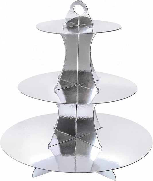 Soleebee 3-Tier Round Cupcake Stand, Cardboard Cupcake Tower, Dessert Cup Cake Stand Tower for Birthday Wedding Party Decoration, Cupcake Tier Stand 1 Set (Silver)