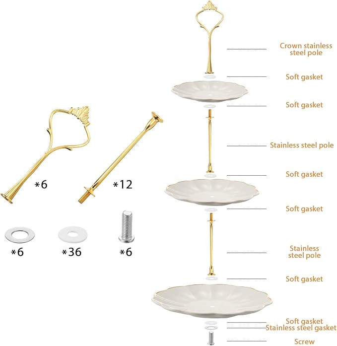 6 Sets 3 Tier Cake Stand Hardware Tiered Tray Plate Hardware Kit Heavy Metal Cake Fruit Food Plate Stand Fitting Stacking Kit for Serving Dessert Cupcake Dish Food(Simple,Gold)
