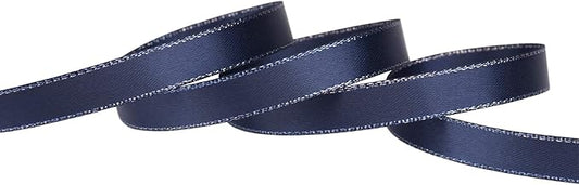 3/8" Double Face Satin Ribbon with Silver Edge 25 Yards (370-Navy), Set for Gift Wrapping, Party Decor, Wedding and Craft