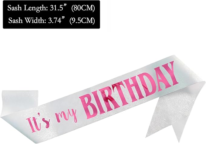 It's My Birthday Sash, Pink Foil Letter Glitter White Birthday Sash for Women Girl Kids Teenager Funny Bday Gifts Party Favors Photo Prop