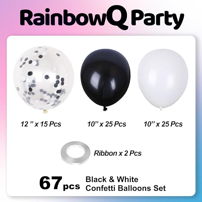 Metallic Shiny Black and White Balloons 12 Inch 67PCS White Black Confetti Balloons Latex Helium Balloon Set for Graduation Anniversary Birthday Party Decorations