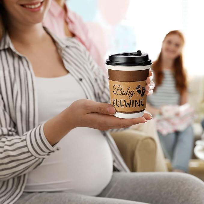 Newtay 50 Counts Baby Is Brewing Coffee Sleeves, Disposable Kraft Paper Cup Sleeves for Baby Shower, Gender Reveal, Halloween Party Decorations, Fits 12 16 or 20 oz Hot Cold Drinks Paper Cup(Playful)