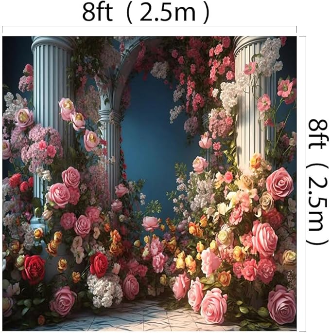Kate Flowers Roman Column Arch Photo Backdrop Royal Decoration Wedding Reception Birthday Party Fabric Printed Seamless Background 8x8ft