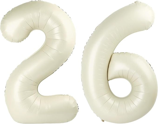 Balloons Number 26 Cream, Foil Happy 26th Birthday Balloon for Men & Women,40 Inch Large Balloons for 2 6 26 62 2026 Wedding Marriage Proposal Engagement Decorations