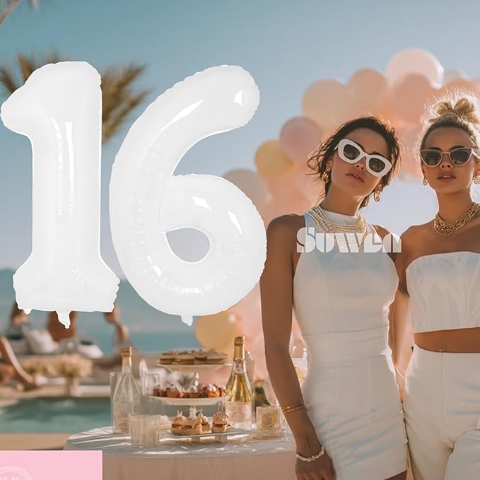 SUWEN 40 Inch White Large 16 Balloon Number Big Foil Helium Number Balloons 0-9 Giant Jumbo Happy 16th Birthday Party Decorations for Boy or Girl Huge Mylar 61 Anniversary Party Supplies