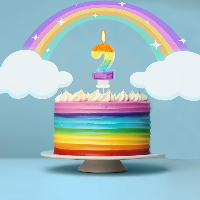 Rainbow Candles for Birthday Cakes, 2 Cake Topper, Rainbow Melon Birthday Party Decorations, Number 2 Candle for Girls Boys