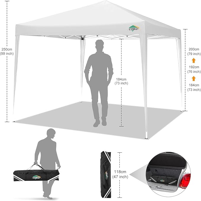 COBIZI 10x10 Ez Pop Up Canopy Tent, UPF 50+ Waterproof Outdoor Canopy, Instant Portable Camping Canopies Gazebo for Commercial Sun Shade Party Backyard with 4 Sandbags & Carry Bag(White)