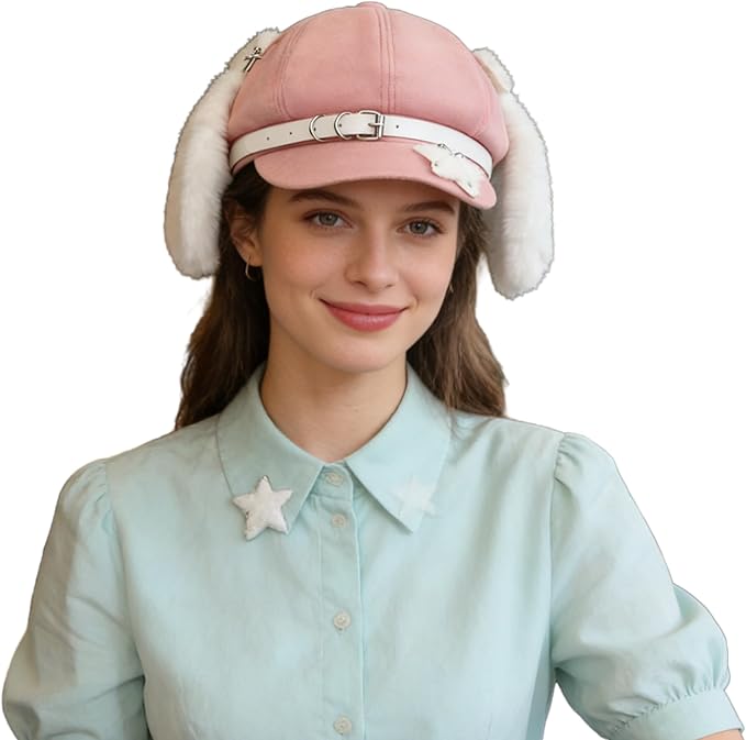 JIAHG Sweet Puppy Ears Beret Hat Cute Bunny Animal Ear Lolita Cabbie Cap Adjustable French Painter Y2K Fashion Beanie Cap