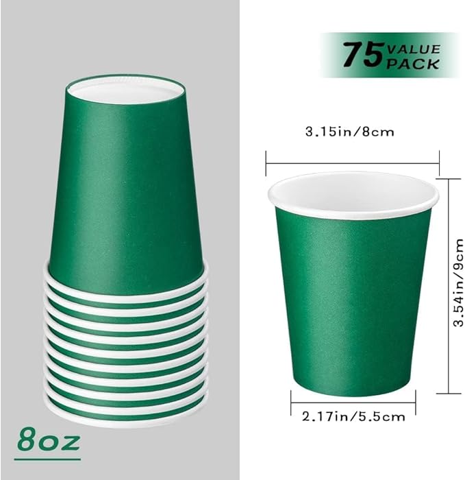 75 Pack 8 oz Disposable Coffee Cups, Paper Hot Cups, Beverage Cups Suitable for Home, Kitchen, Office, Paper Cups for Birthday Parties, Outdoor Campings and DIY (Green)