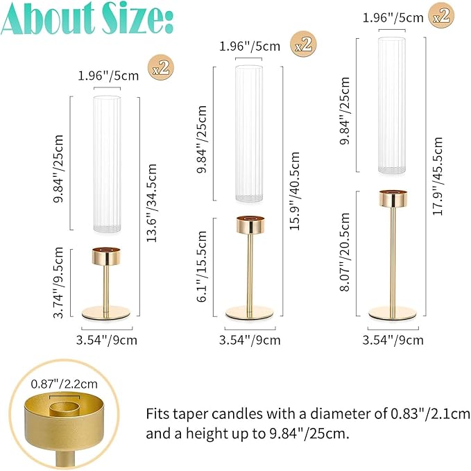 Glass Hurricane Candle Holders Set of 6,Brass Candlestick Holders,Taper Candlestick Holders,Elegant Dining Table Centerpiece for Wedding, Christmas & Home Decor-Ribbed