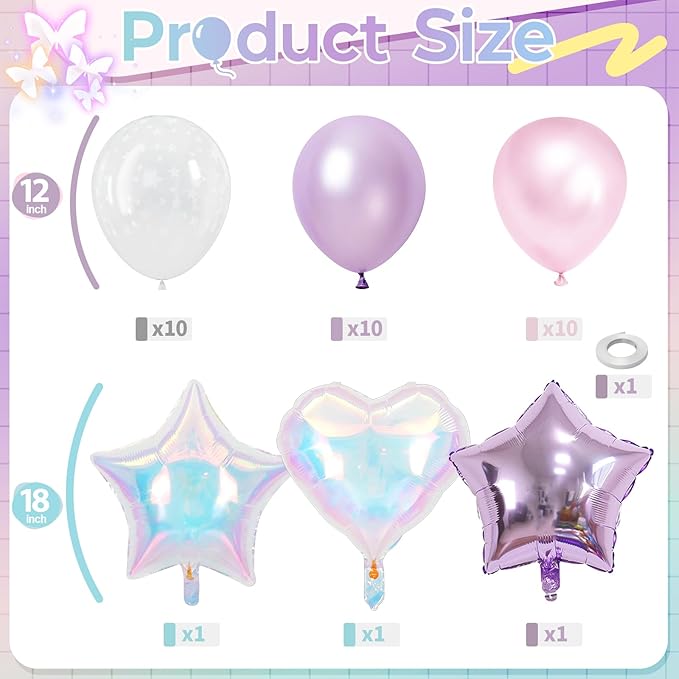 Pink and Purple Balloons, Pastel Pale Pink Light Purple Lilac Transparent Star Latex Balloon With Iridescent Heart Lavender Star Foil Balloons for Kpop Birthday Party Baby Shower Princess Decorations