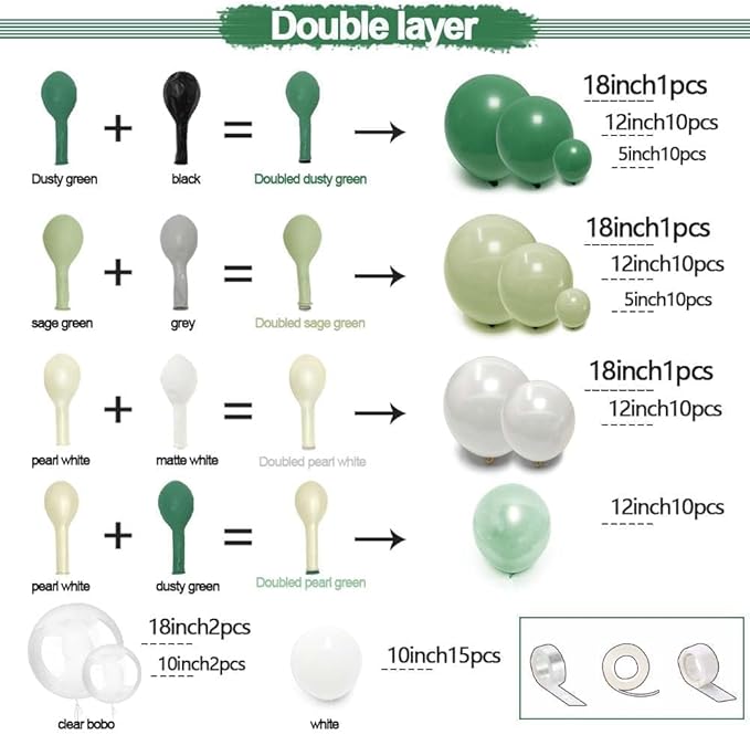 Green White Balloons Double Stuffed Dusty Green Bobo Pearl Balloon Arch Kit Latex Light Olive White Balloon Garland for Bridal Shower Birthday Baby Shower Wedding Anniversary Baptism Decor