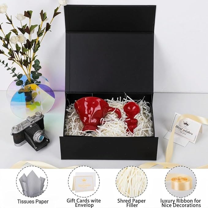 UoeRing 6 Pack Black Gift Box 11.5x8x4 inch Luxury Gift Box Bulk for Presents with Magnetic Lid Collapsible,Birthday,Groomsman,Contains Card, Ribbon, Tissue Paper,Shredded Paper Fille