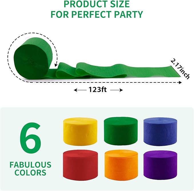 6 Rolls 738ft Crepe Paper Streamers, 6 Colors Party Streamers for Party Backdrop Craft Tissue Paper Decorations Wedding Birthday Graduation Decor DIY Supplies - 2.2 Inch x 123 Ft/Roll