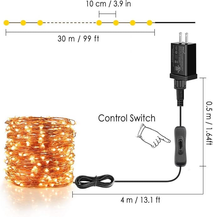 Moobibear LED String Lights 99ft UL Listed Plug in Fairy Lights 300 LED Warm White Waterproof Copper String Lights with ON/Off Switch for Bedroom Patio Birthday Wedding Valentines Day Decor