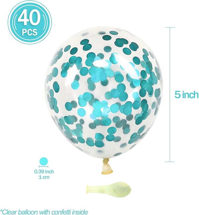 Teal Blue Confetti Balloons, 40 Pcs 5 Inch Clear Balloons with Confetti Inside for Birthday Party Graduation Engagement Cake Topper Decor Bridal Shower Baby Shower Decoration Supplies