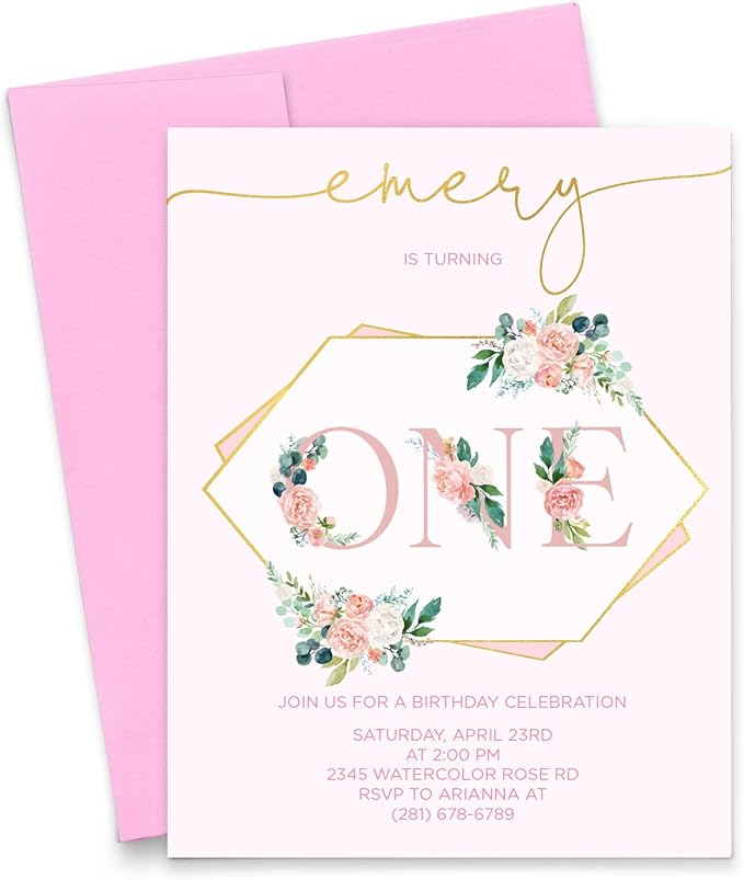 Modern Floral Birthday Invitations, 1st Birthday Invitations Girl, Your choice of Quantity, Age, Info and Envelope Color