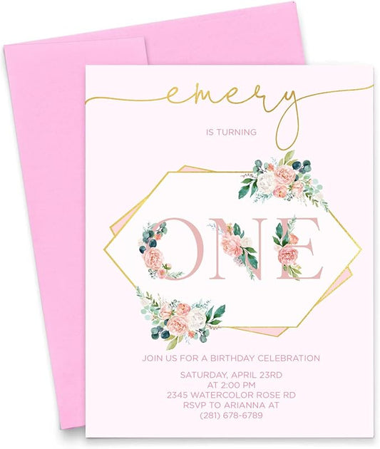 Modern Floral Birthday Invitations, 1st Birthday Invitations Girl, Your choice of Quantity, Age, Info and Envelope Color