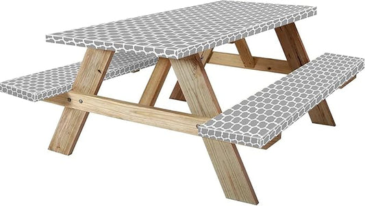 7ft Picnic Table and Bench Cover, Camping Essentials RV Gear, 84 in Waterproof Windproof Outdoor Elastic All Around Tablecloth, Fitted Rectangle Tables and Seats, Gray-White Moroccan